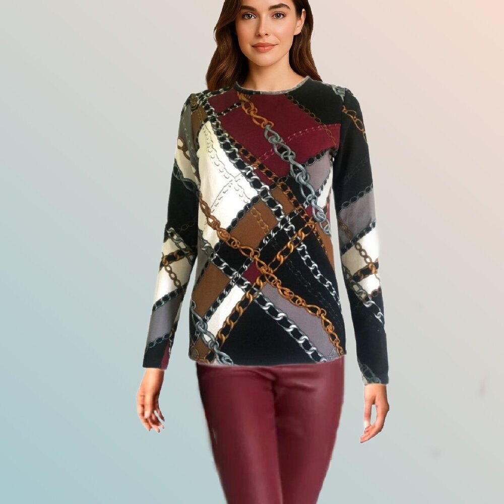 RIVA KAREN Chain Motifs Color Block Pattern Long Sleeve Tunic Size S